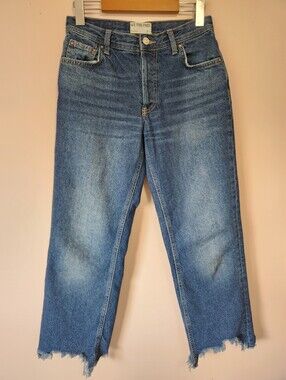 We The Free The Maggie Mid Rise Frayed Raw Step Hem Straight Leg Jeans 25 Blue